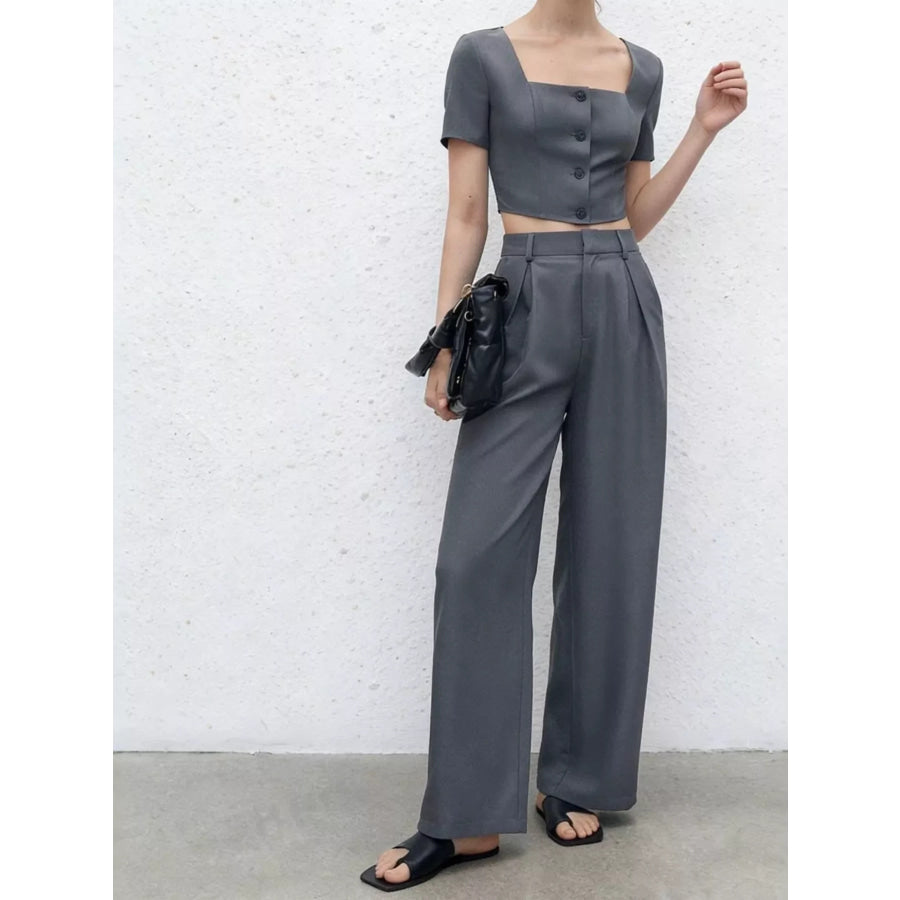 Square Neck Crop Top & Wide Leg Pants Set Dark Gray / XS Apparel and Accessories