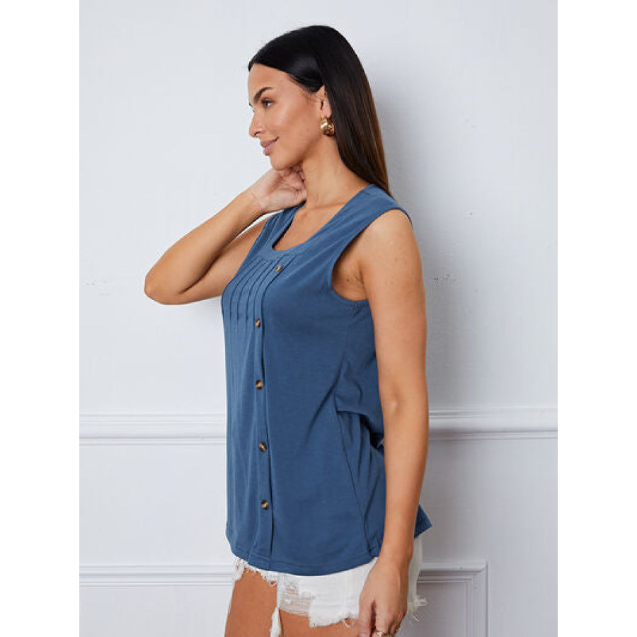 Square Neck Decorative Button Tank Clothing