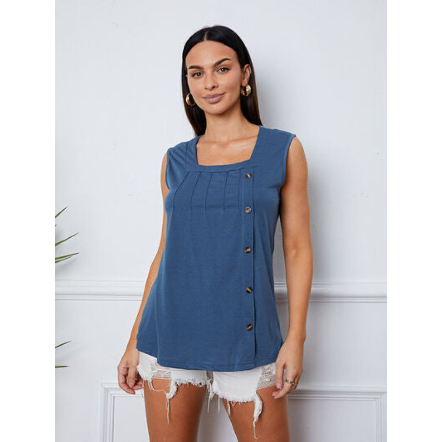 Square Neck Decorative Button Tank Peacock Blue / S Clothing