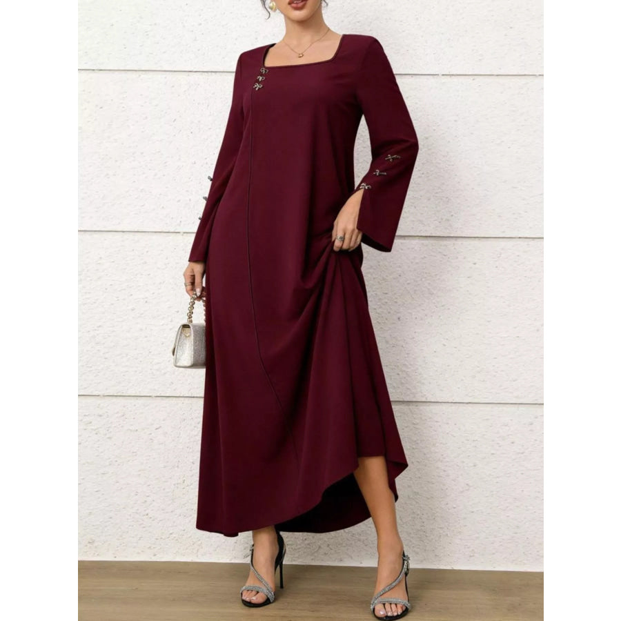 Square Neck Flare Sleeve Maxi Dress Burgundy / S Apparel and Accessories