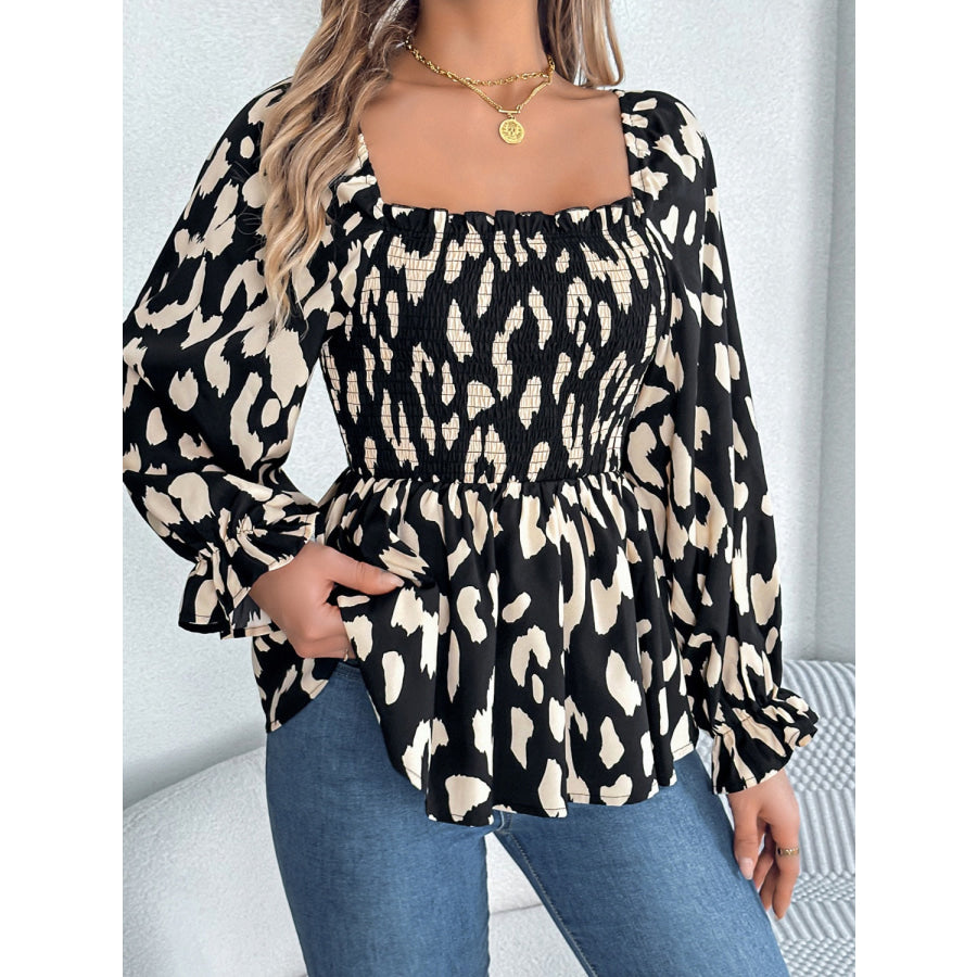 Square Neck Flounce Sleeve Blouse Black / S Apparel and Accessories