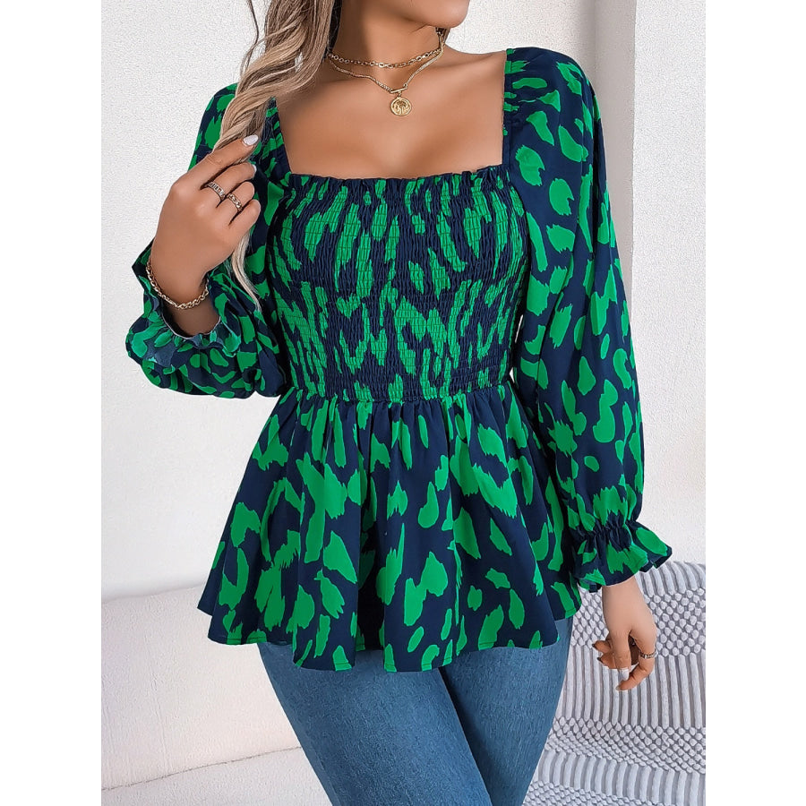 Square Neck Flounce Sleeve Blouse Dark Green / S Apparel and Accessories