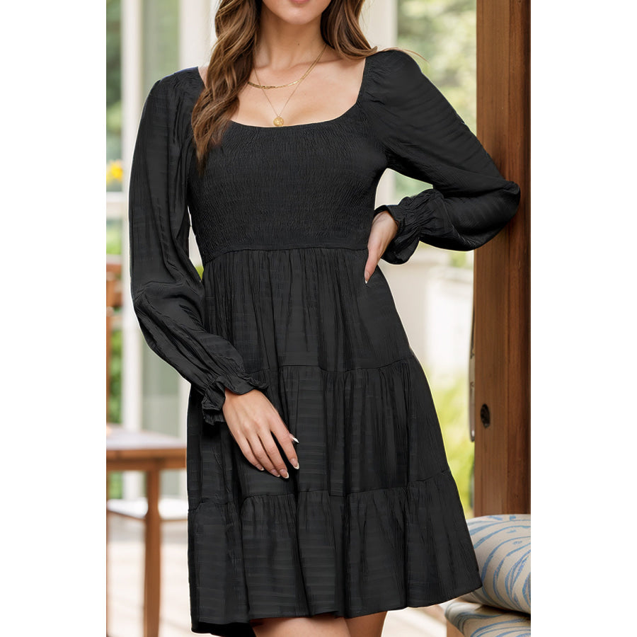 Square Neck Flounce Sleeve Dress Black / S Apparel and Accessories