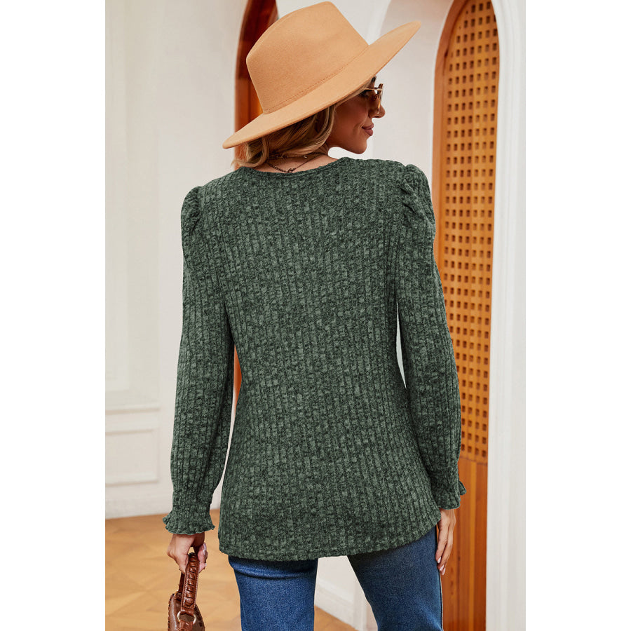 Square Neck Flounce Sleeve T - Shirt Green / S Apparel and Accessories