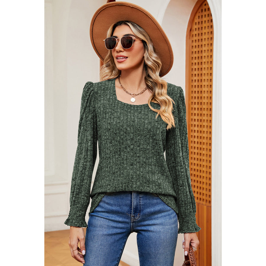 Square Neck Flounce Sleeve T - Shirt Green / S Apparel and Accessories