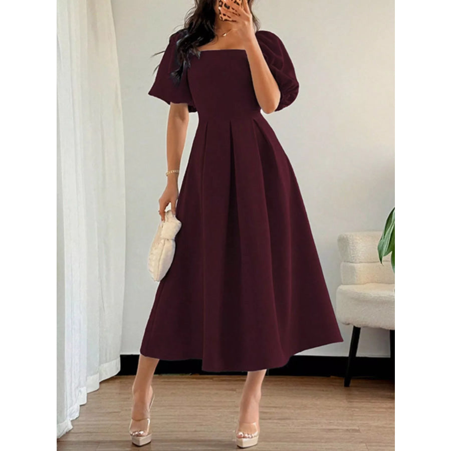 Square Neck Flutter Sleeve Midi Dress Burgundy / S Apparel and Accessories