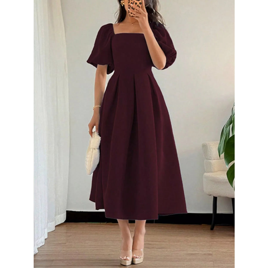 Square Neck Flutter Sleeve Midi Dress Burgundy / S Apparel and Accessories