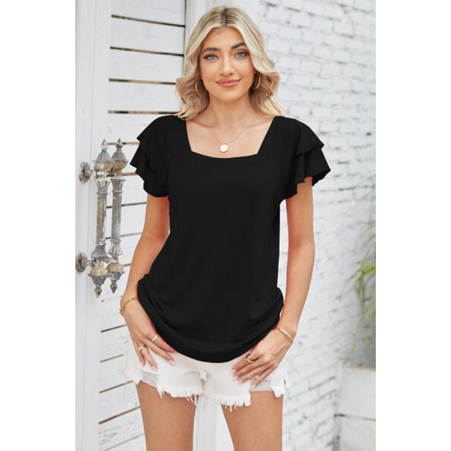 Square Neck Flutter Sleeve T - Shirt Black / S Apparel and Accessories