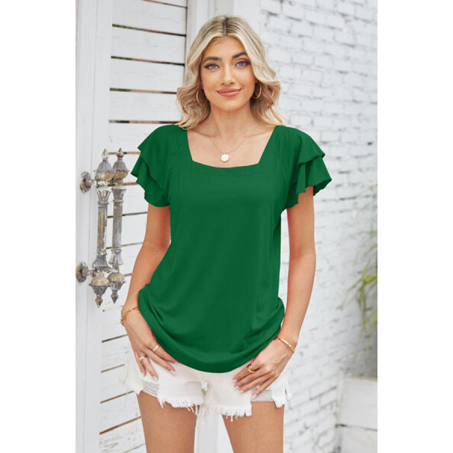 Square Neck Flutter Sleeve T - Shirt Green / S Apparel and Accessories