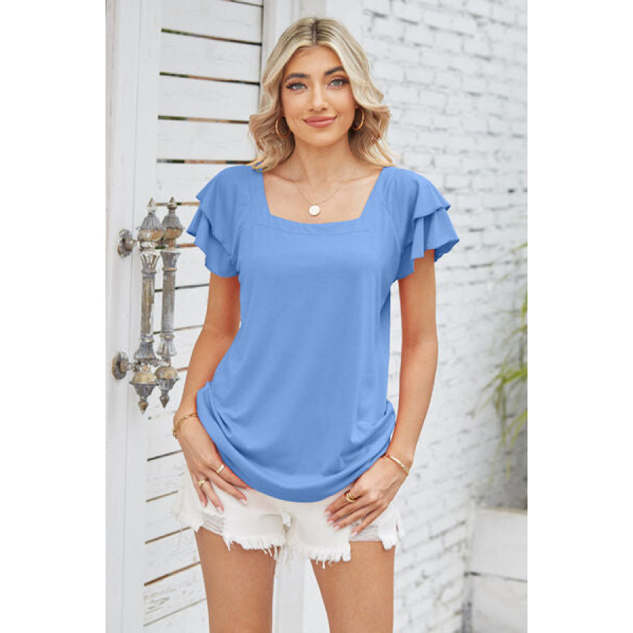 Square Neck Flutter Sleeve T - Shirt Sky Blue / S Apparel and Accessories