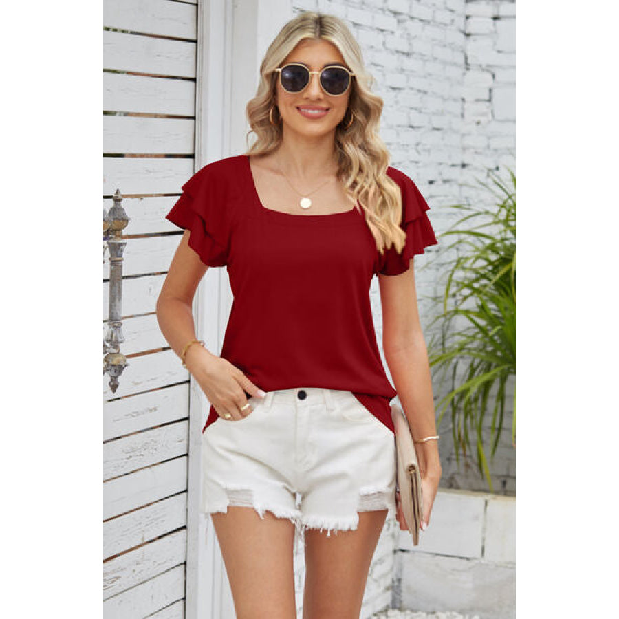 Square Neck Flutter Sleeve T - Shirt Wine / S Apparel and Accessories