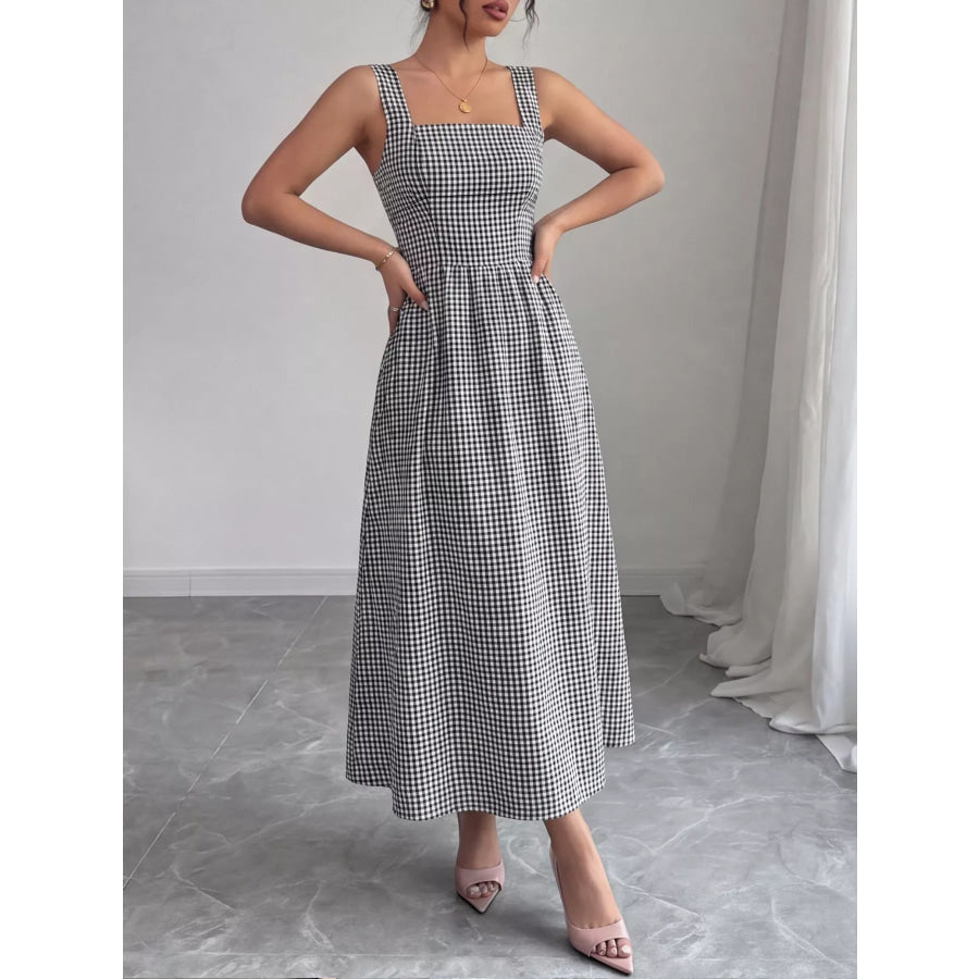 Square Neck Gingham Midi Dress Apparel and Accessories