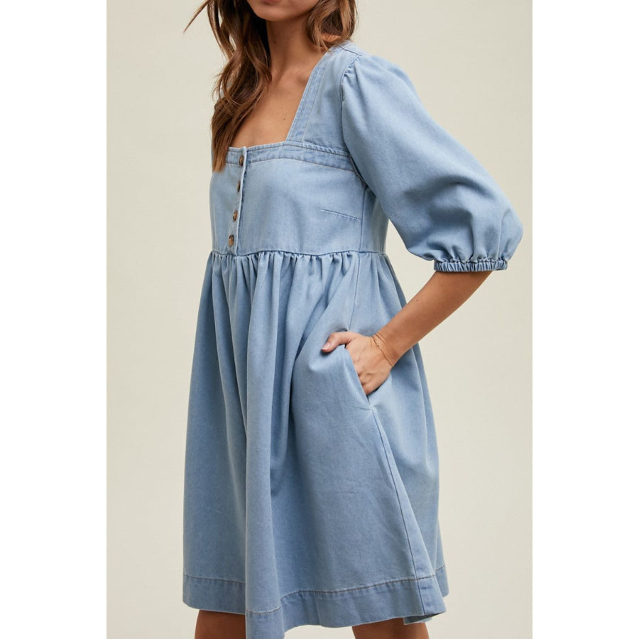 Square Neck Half Sleeve Denim Dress Apparel and Accessories