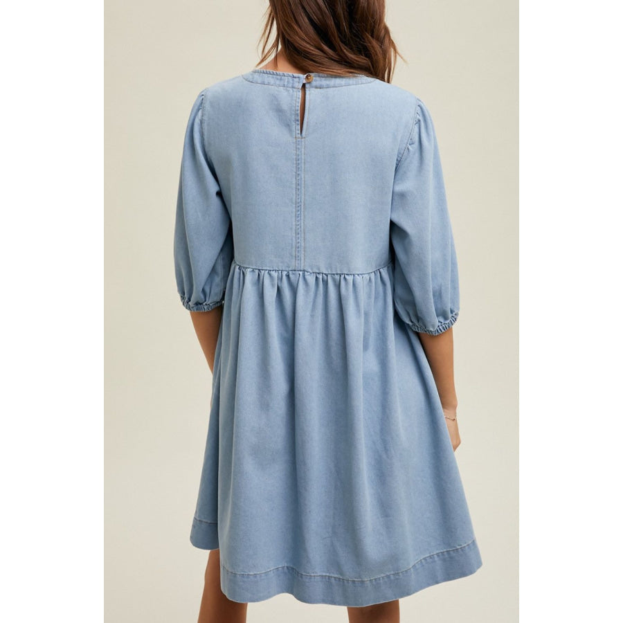 Square Neck Half Sleeve Denim Dress Apparel and Accessories