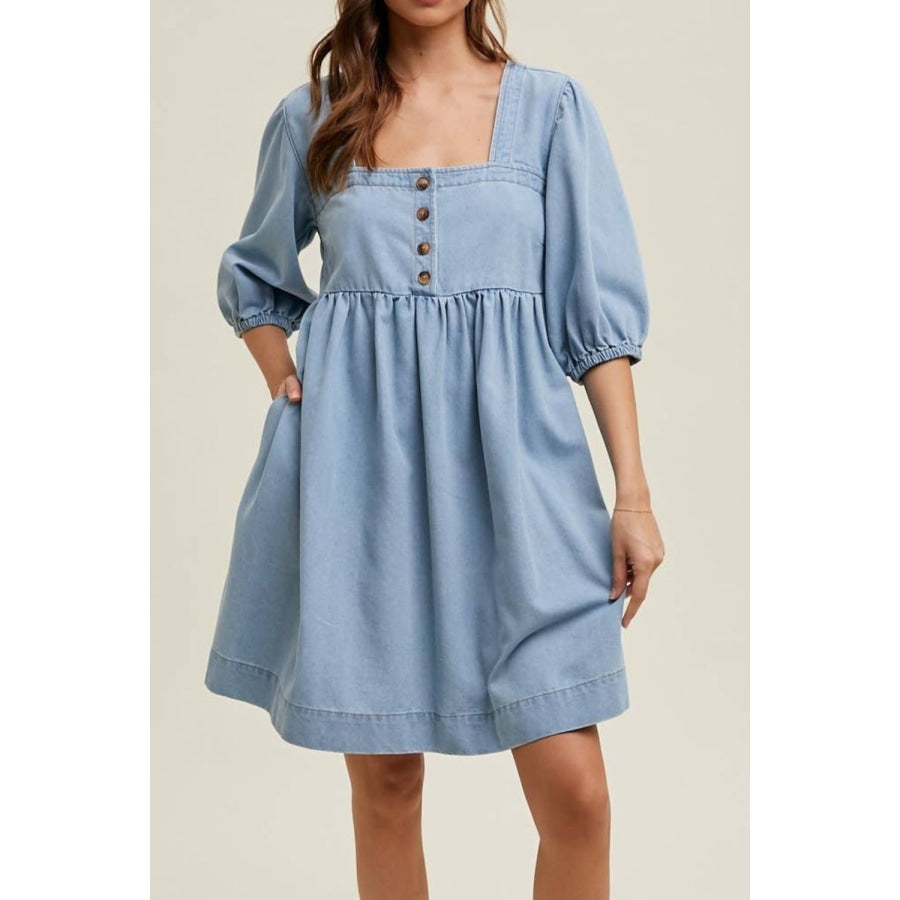 Square Neck Half Sleeve Denim Dress Apparel and Accessories