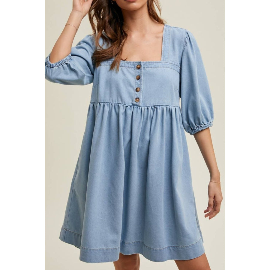 Square Neck Half Sleeve Denim Dress Medium / S Apparel and Accessories