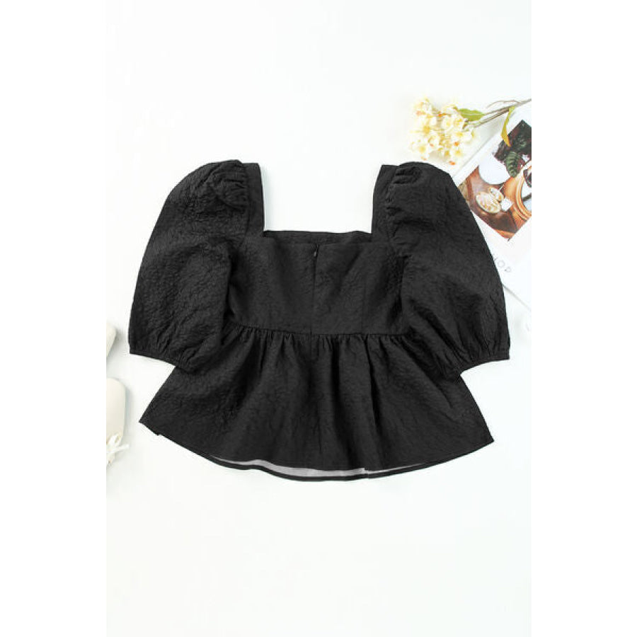 Square Neck Half Sleeve Peplum Blouse Black / S Apparel and Accessories