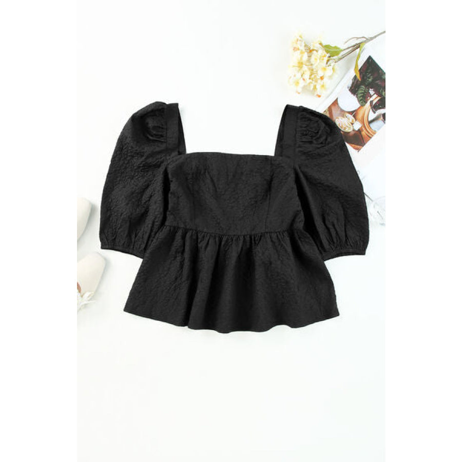 Square Neck Half Sleeve Peplum Blouse Black / S Apparel and Accessories