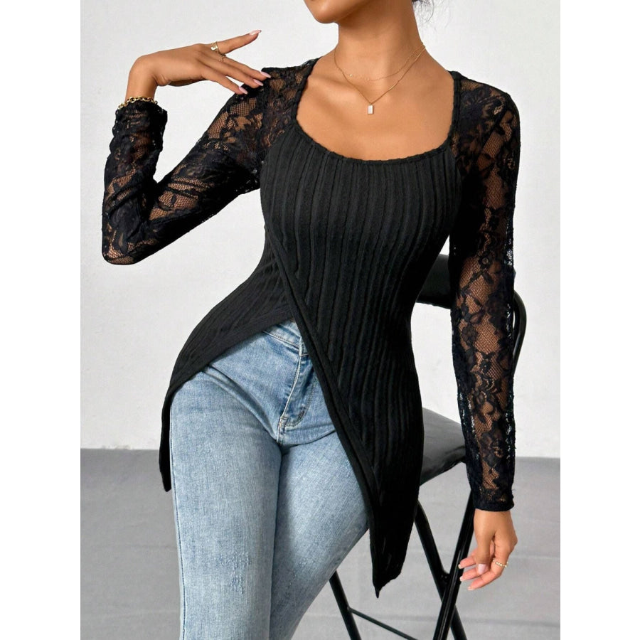 Square Neck Lace Patchwork Long Sleeve T-Shirt Apparel and Accessories