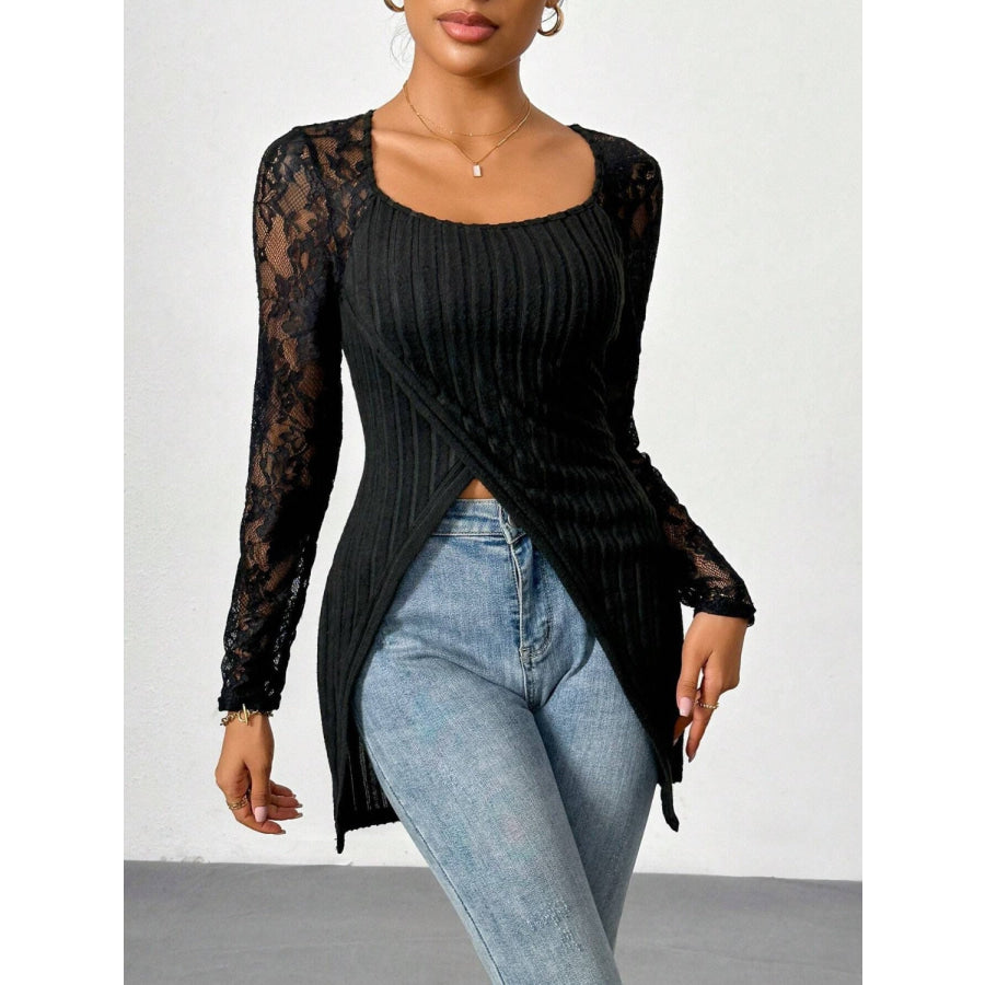 Square Neck Lace Patchwork Long Sleeve T-Shirt Apparel and Accessories