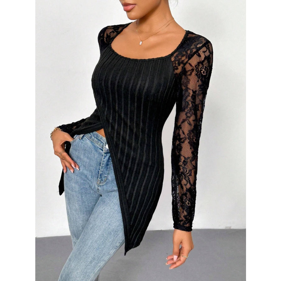 Square Neck Lace Patchwork Long Sleeve T-Shirt Apparel and Accessories