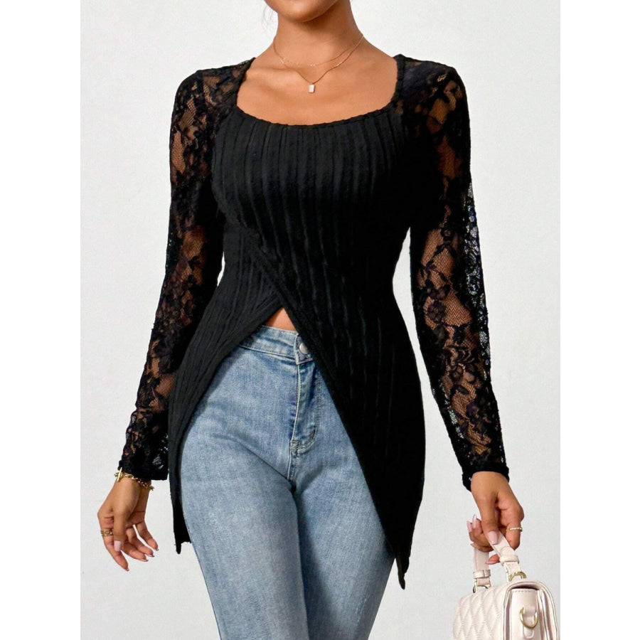 Square Neck Lace Patchwork Long Sleeve T-Shirt Black / S Apparel and Accessories