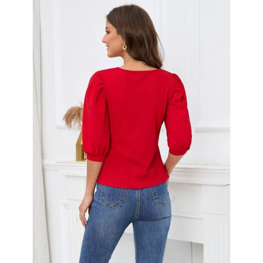 Square Neck Lantern Sleeve Blouse Red / S Apparel and Accessories