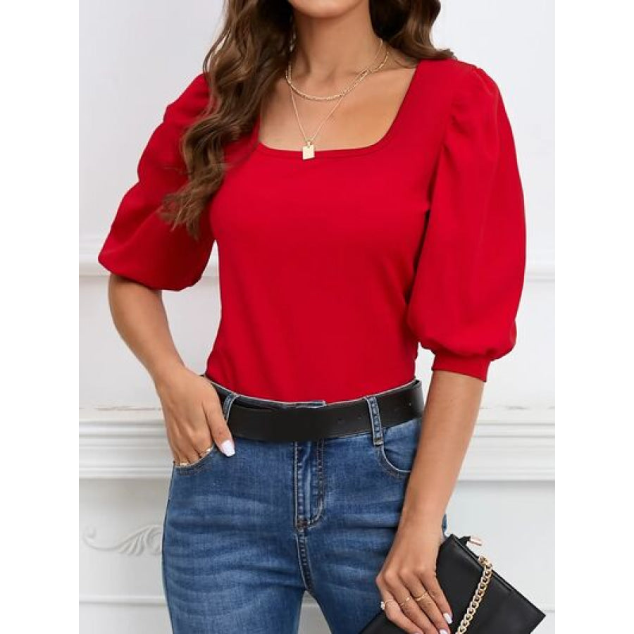 Square Neck Lantern Sleeve Blouse Red / S Apparel and Accessories