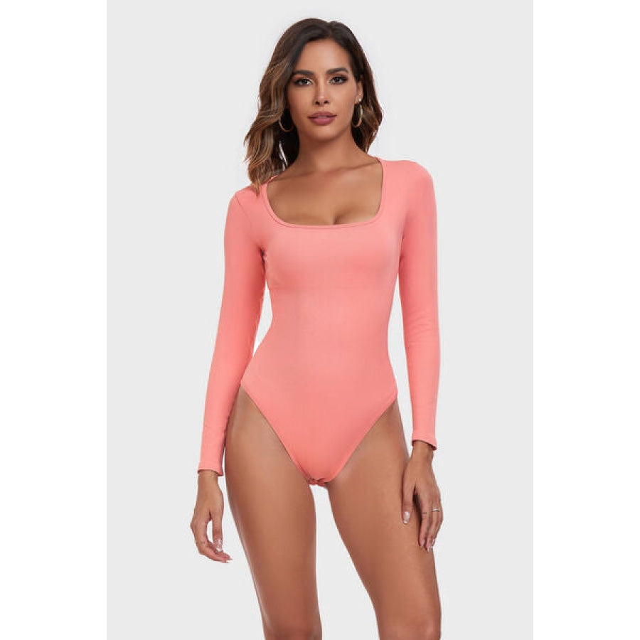 Square Neck Long Sleeve Active Bodysuit Coral / S Clothing
