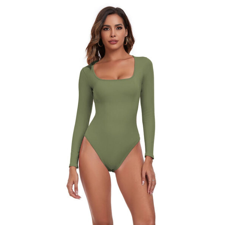 Square Neck Long Sleeve Active Bodysuit Moss / S Clothing