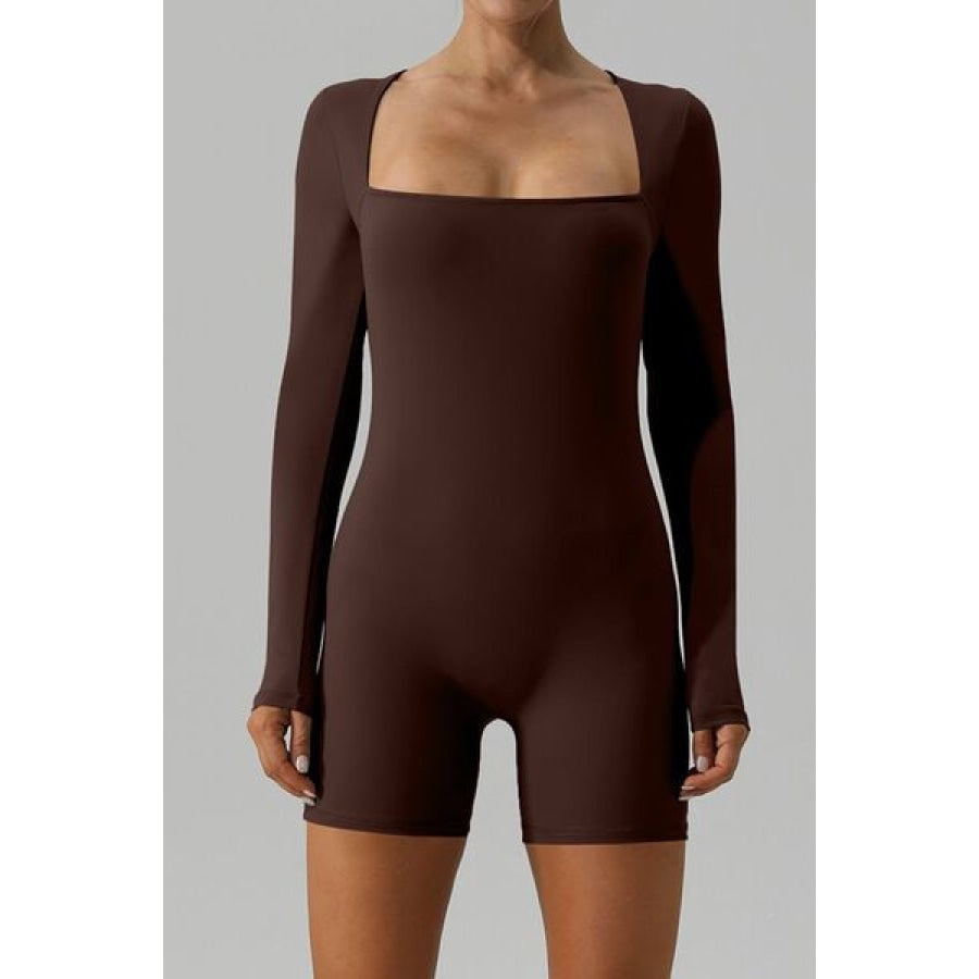 Square Neck Long Sleeve Active Romper Chestnut / S Clothing