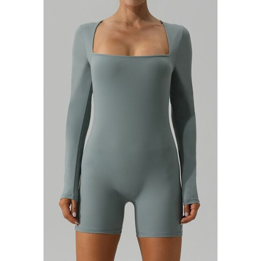 Square Neck Long Sleeve Active Romper Clothing