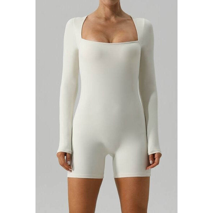 Square Neck Long Sleeve Active Romper Ivory / S Clothing