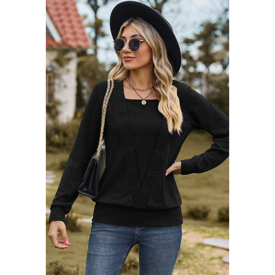 Square Neck Long Sleeve Blouse Black / S Apparel and Accessories