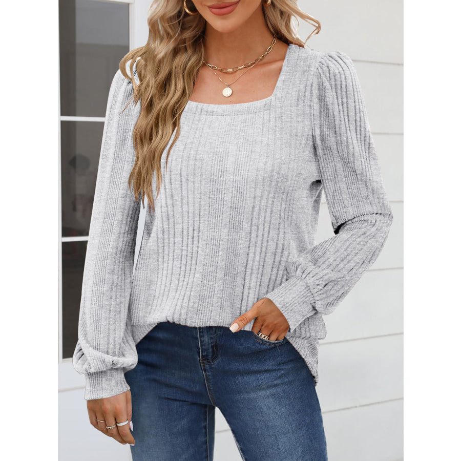 Square Neck Long Sleeve Blouse Heather Gray / S Apparel and Accessories