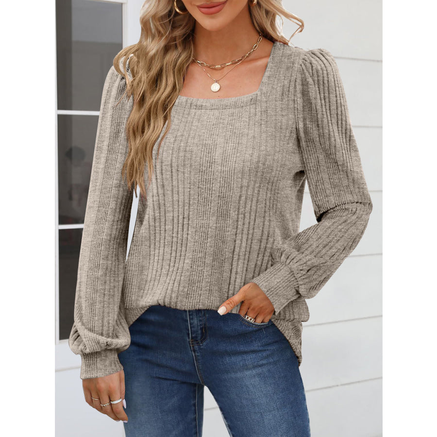 Square Neck Long Sleeve Blouse Khaki / S Apparel and Accessories