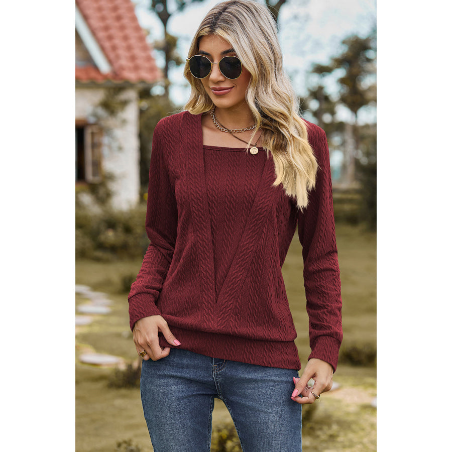 Square Neck Long Sleeve Blouse Wine / S Apparel and Accessories