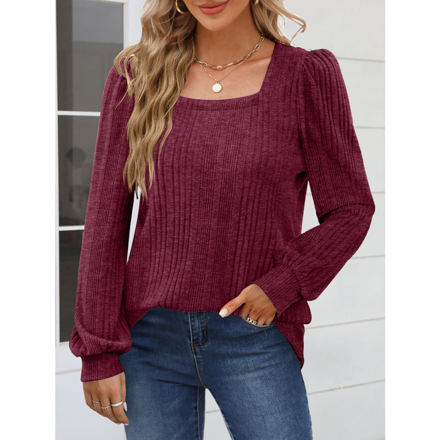 Square Neck Long Sleeve Blouse Wine / S Apparel and Accessories