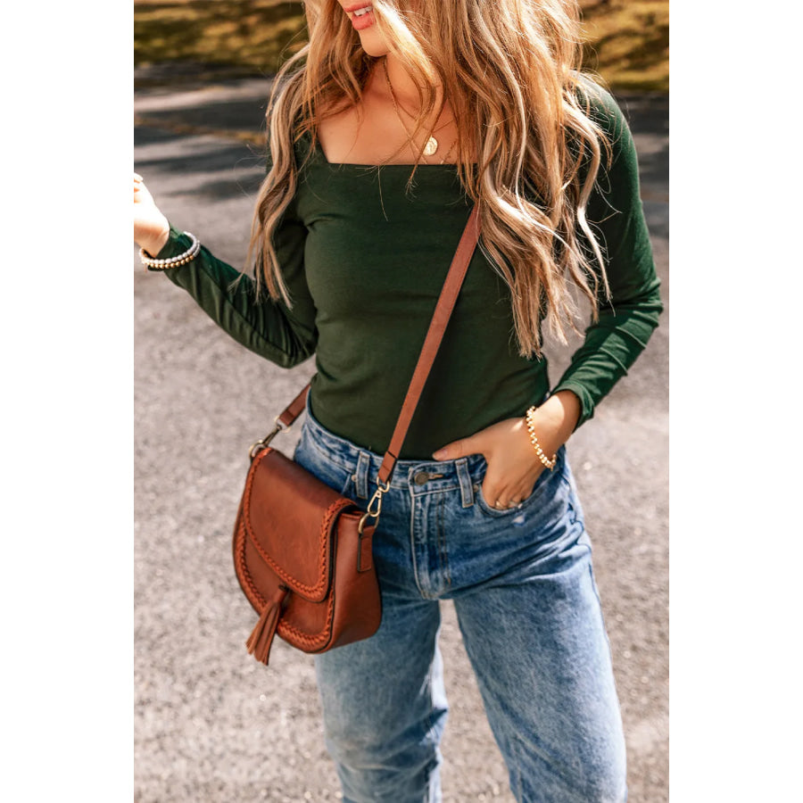 Square Neck Long Sleeve Bodysuit Dark Green / S Apparel and Accessories