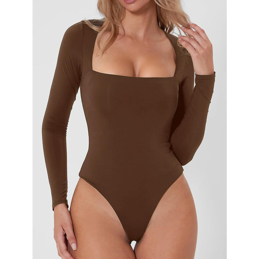 Square Neck Long Sleeve Bodysuit Brown / S Apparel and Accessories