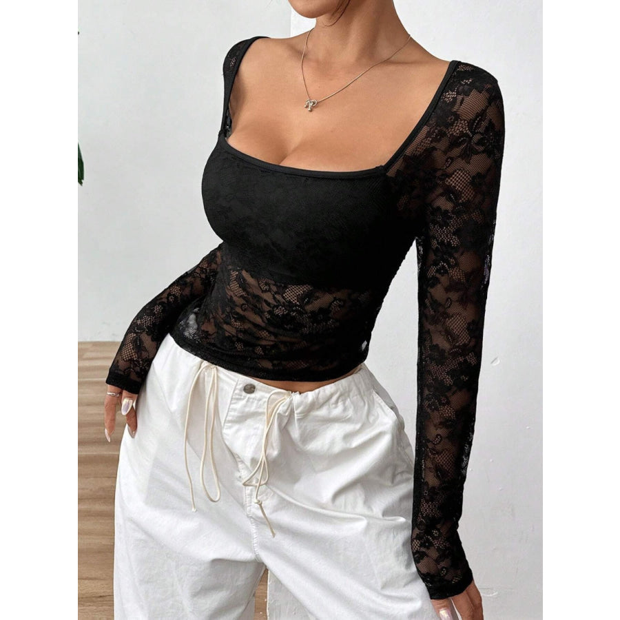 Square Neck Long Sleeve Lace Top Apparel and Accessories