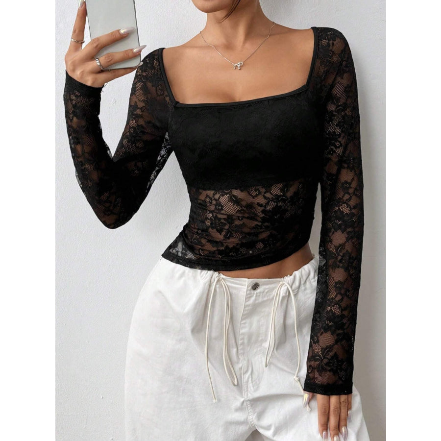 Square Neck Long Sleeve Lace Top Apparel and Accessories