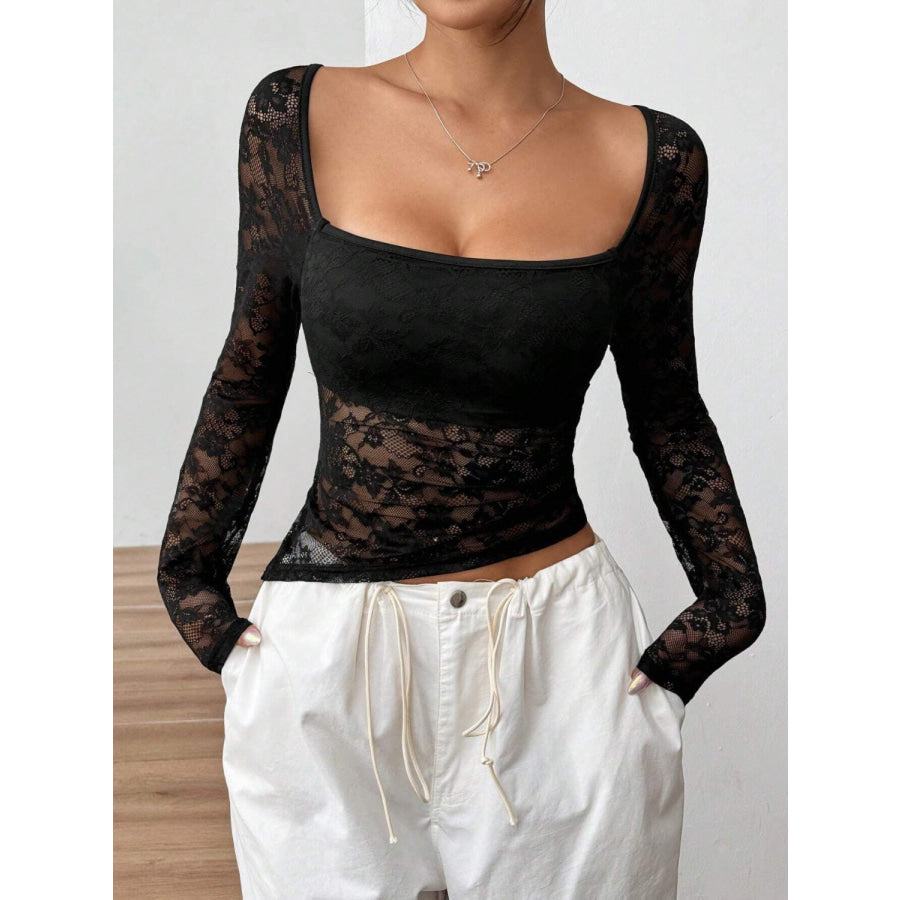 Square Neck Long Sleeve Lace Top Apparel and Accessories