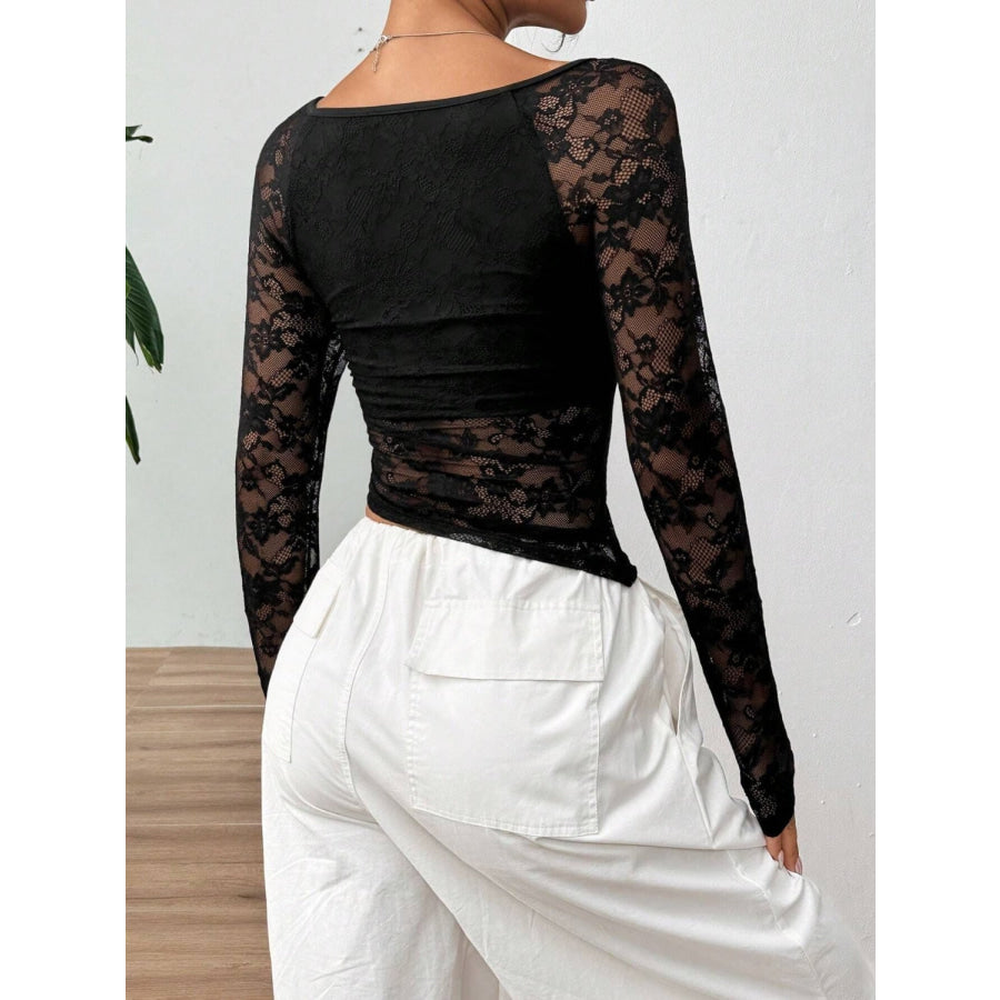 Square Neck Long Sleeve Lace Top Apparel and Accessories