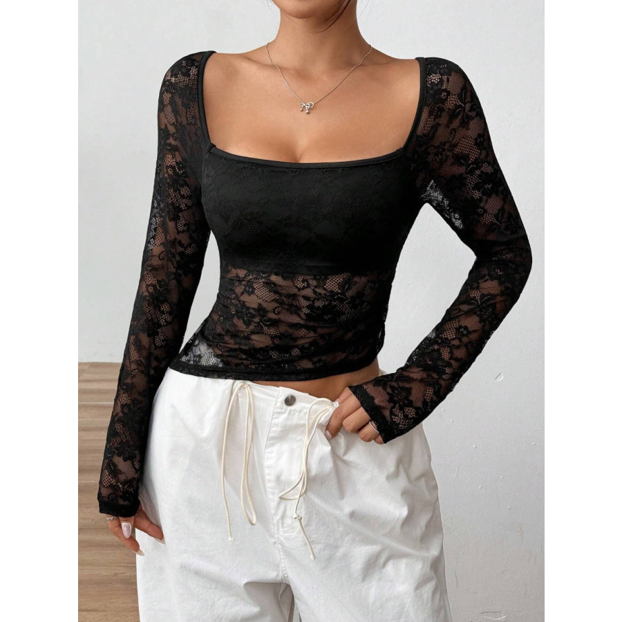 Square Neck Long Sleeve Lace Top Black / S Apparel and Accessories