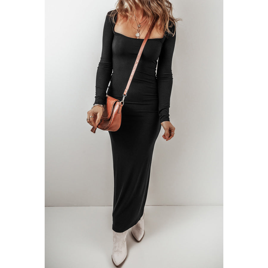 Square Neck Long Sleeve Maxi Dress Black / S Apparel and Accessories