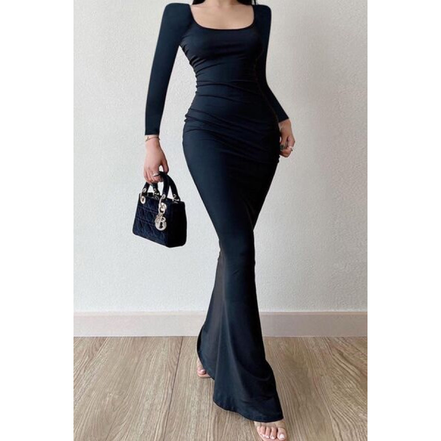 Square Neck Long Sleeve Maxi Dress Black / S Clothing