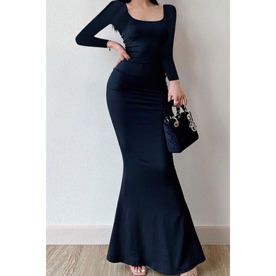 Square Neck Long Sleeve Maxi Dress Black / S Clothing