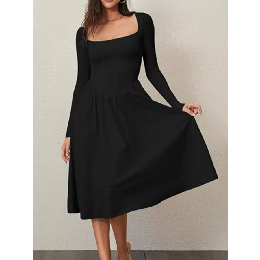 Square Neck Long Sleeve Midi Dress Apparel and Accessories