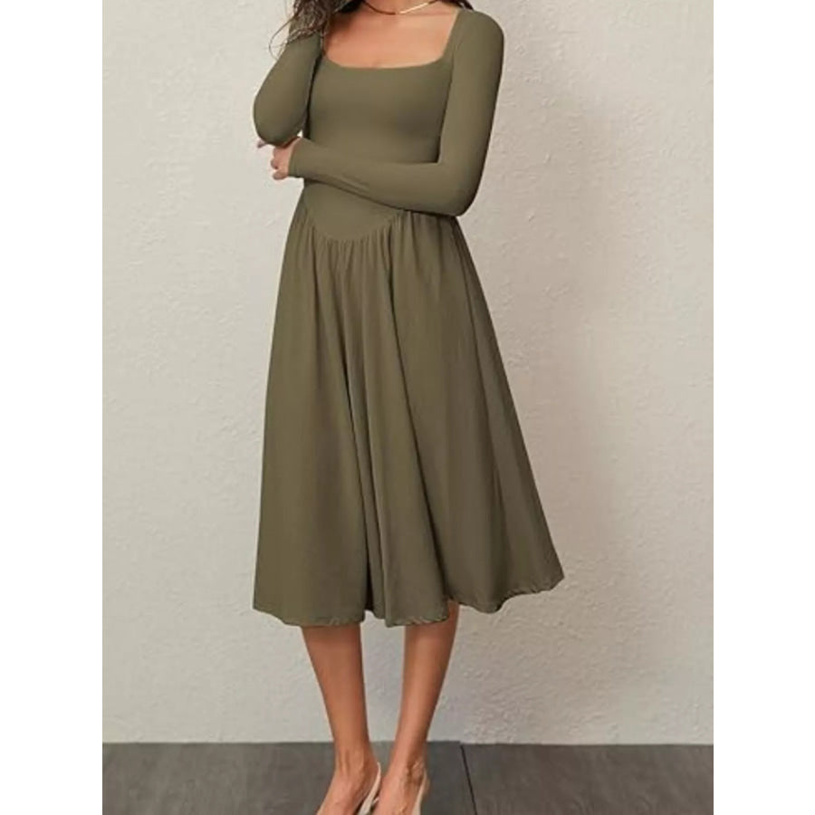 Square Neck Long Sleeve Midi Dress Apparel and Accessories